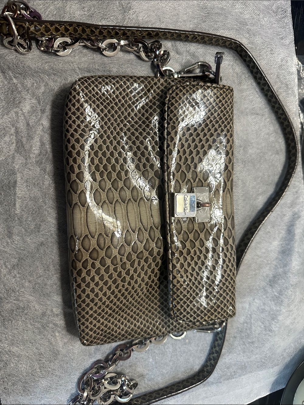 Calvin Klein Olive Snakeskin-Effect Crossbody Bag with Silver Hardware